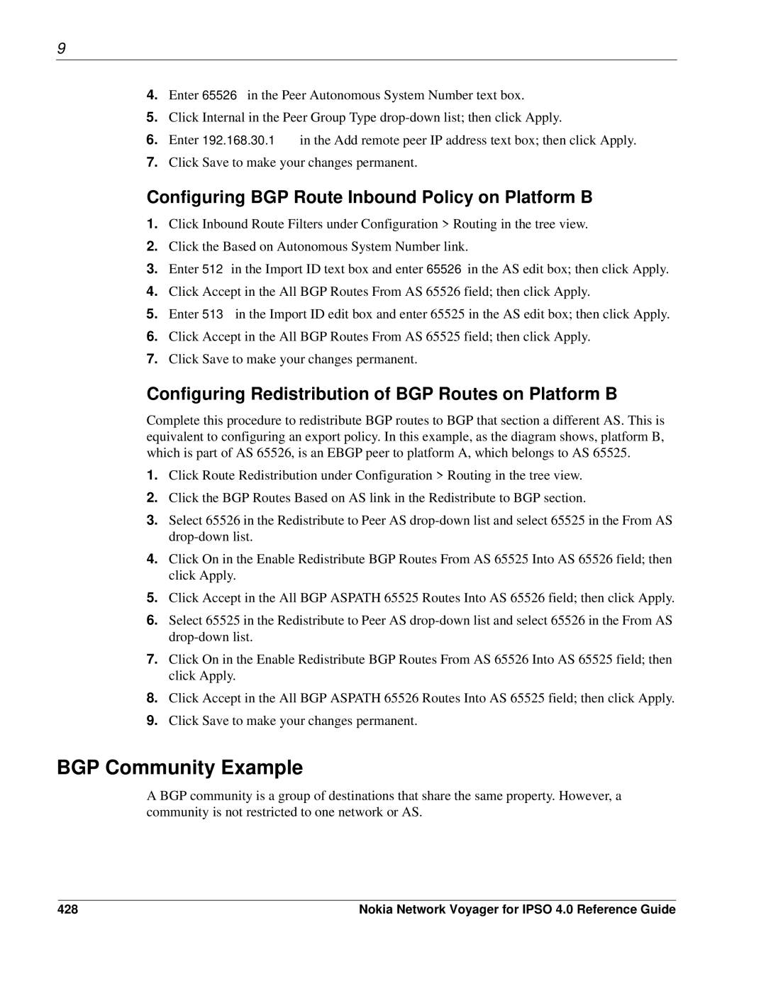 Nokia IPSO 4.0 manual BGP Community Example, Configuring BGP Route Inbound Policy on Platform B, 428 