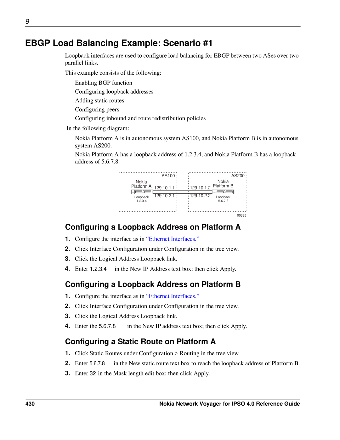 Nokia IPSO 4.0 manual Ebgp Load Balancing Example Scenario #1, Configuring a Loopback Address on Platform a, 430 