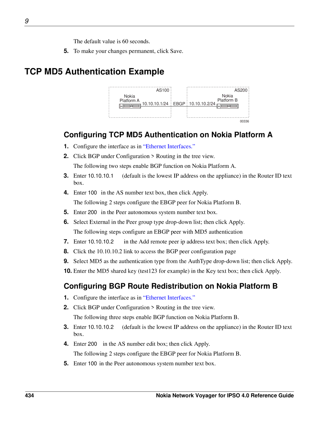 Nokia IPSO 4.0 manual TCP MD5 Authentication Example, Configuring TCP MD5 Authentication on Nokia Platform a, 434 