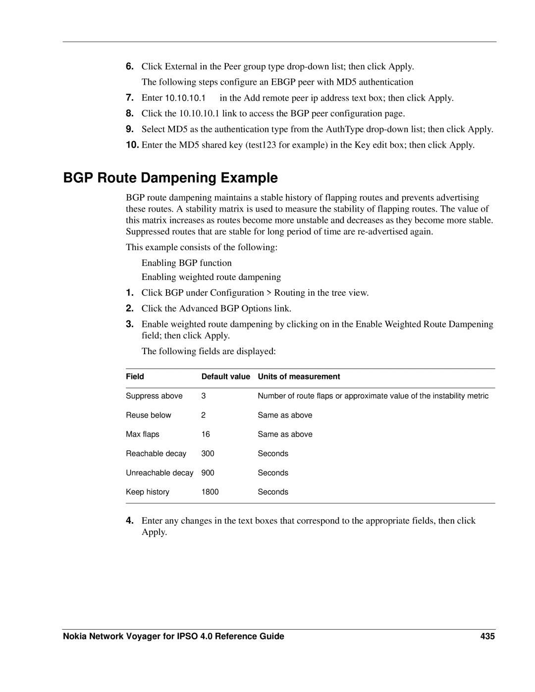 Nokia IPSO 4.0 manual BGP Route Dampening Example, Nokia Network Voyager for Ipso 4.0 Reference Guide 435 