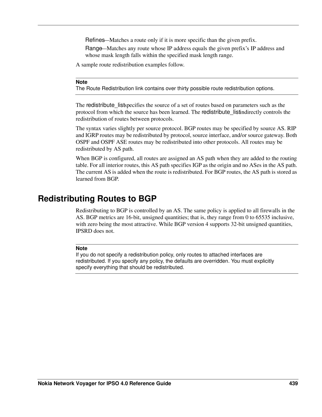 Nokia IPSO 4.0 manual Redistributing Routes to BGP, Nokia Network Voyager for Ipso 4.0 Reference Guide 439 