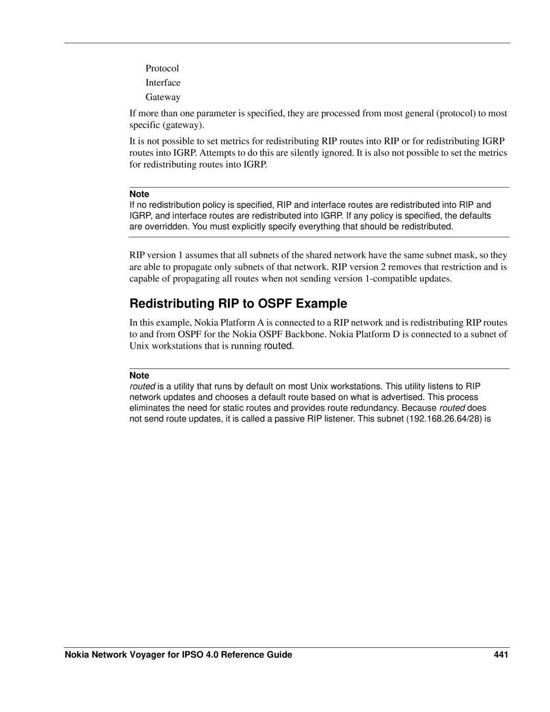 Nokia IPSO 4.0 manual Redistributing RIP to Ospf Example, Nokia Network Voyager for Ipso 4.0 Reference Guide 441 