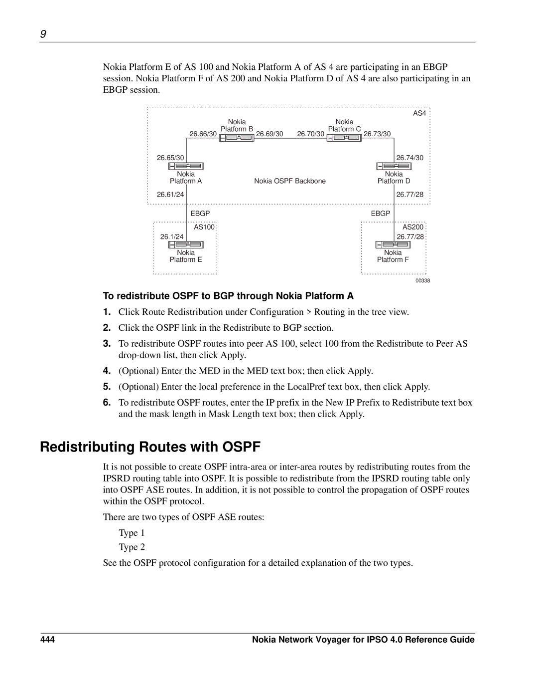 Nokia IPSO 4.0 manual Redistributing Routes with Ospf, To redistribute Ospf to BGP through Nokia Platform a, 444 