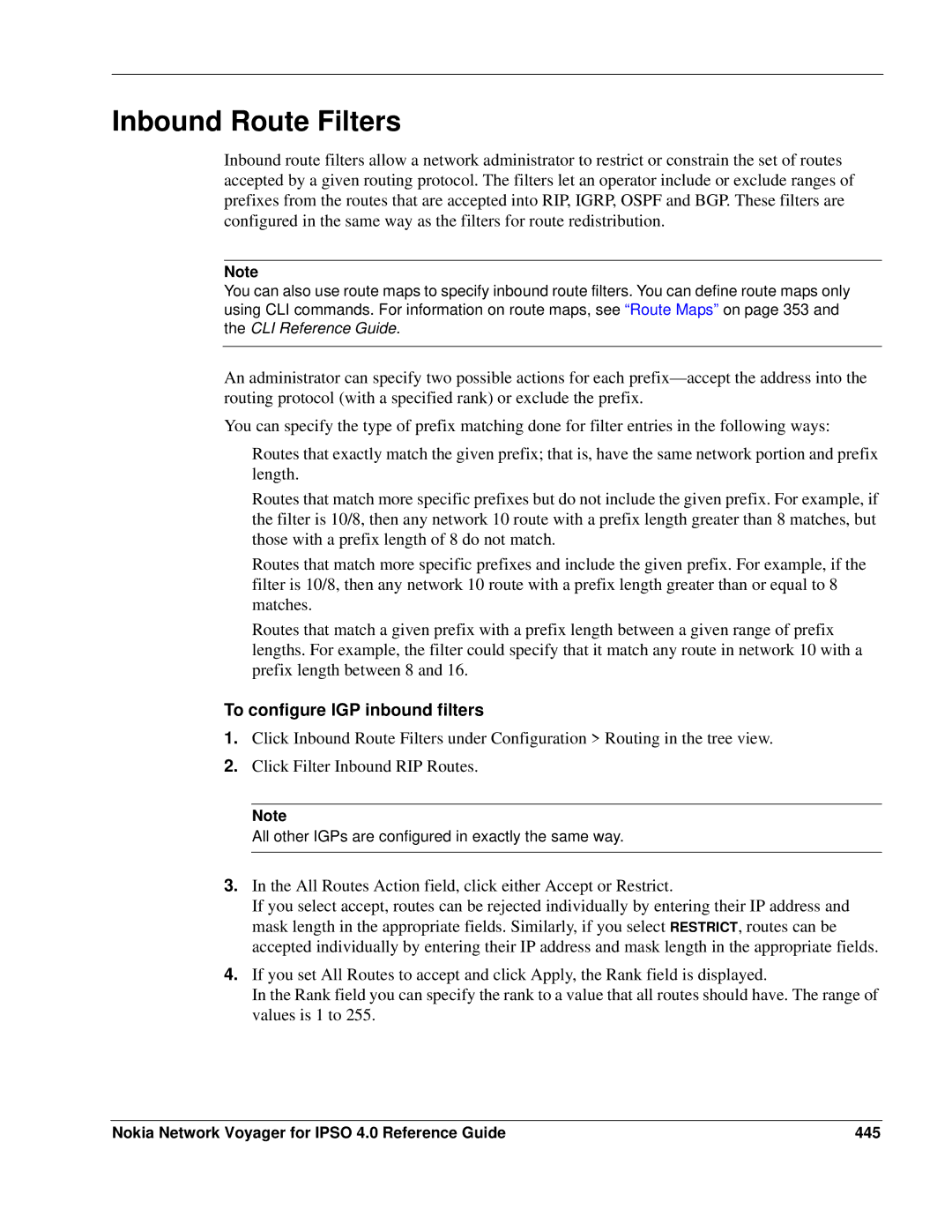 Nokia IPSO 4.0 manual Inbound Route Filters, To configure IGP inbound filters 