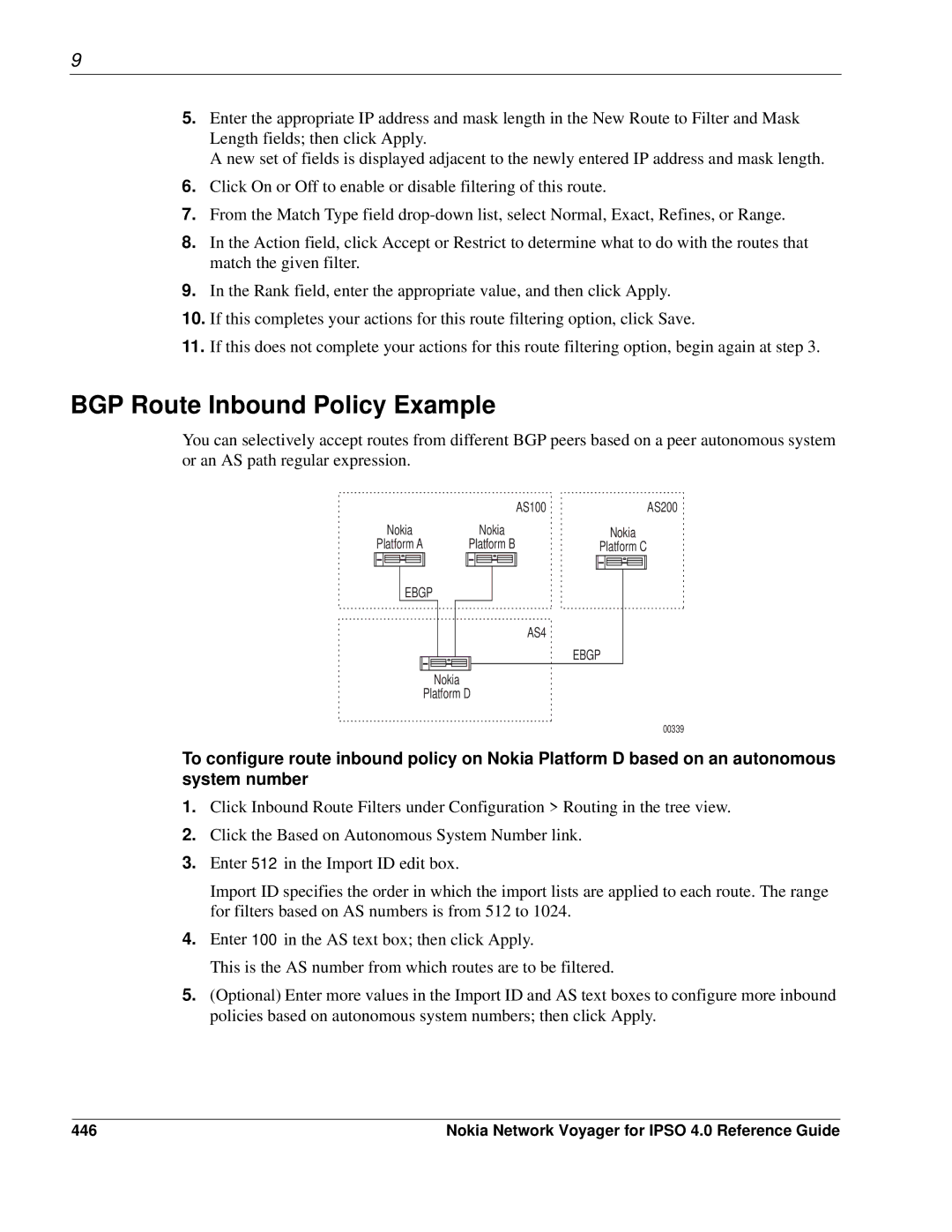 Nokia IPSO 4.0 manual BGP Route Inbound Policy Example, 446 