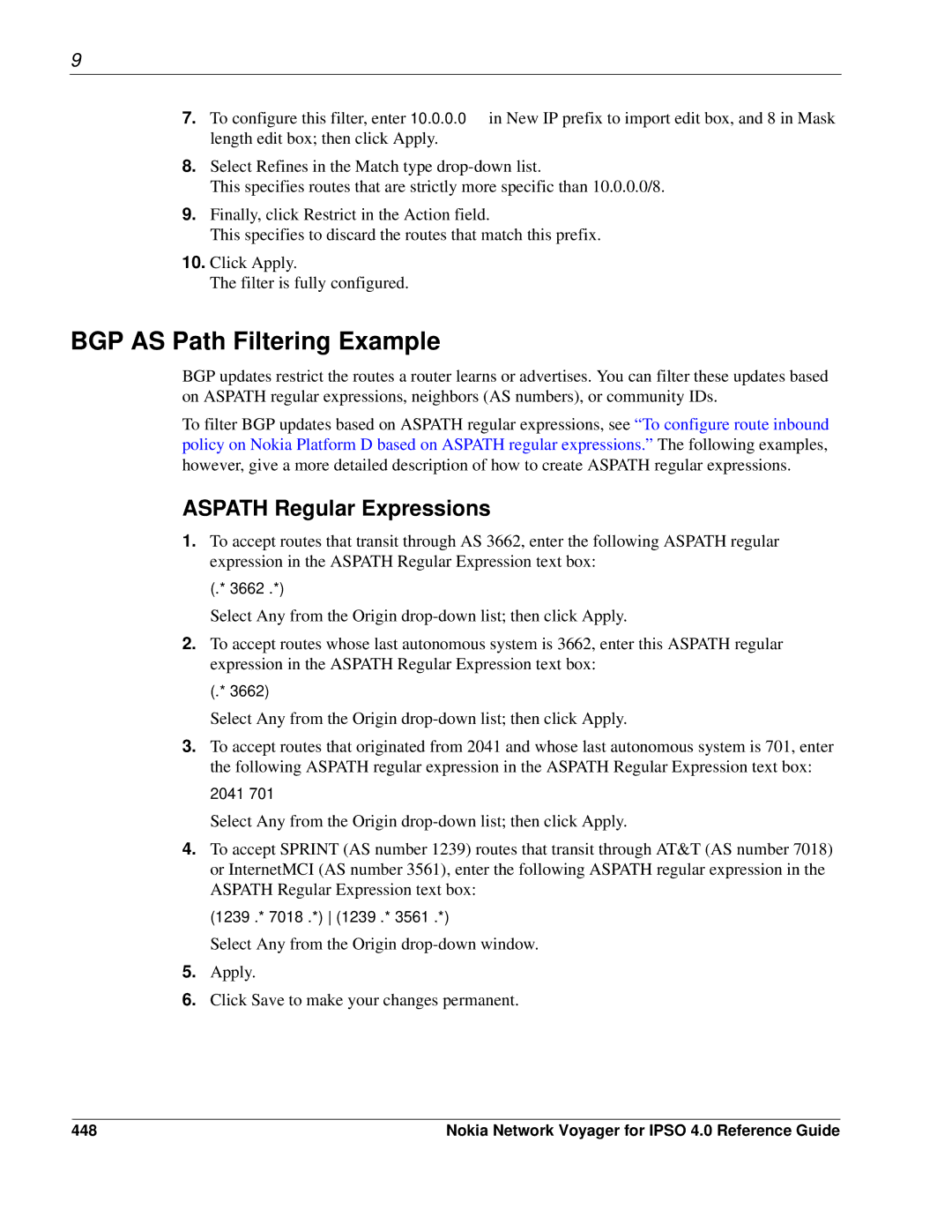 Nokia IPSO 4.0 manual BGP AS Path Filtering Example, Aspath Regular Expressions, 448 