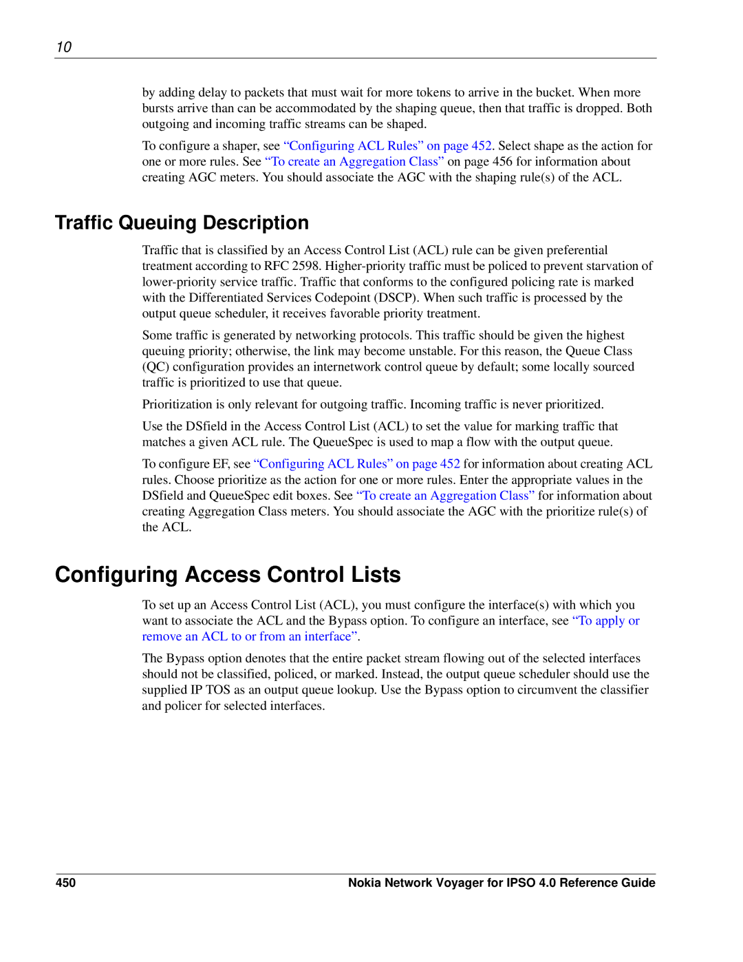 Nokia IPSO 4.0 manual Configuring Access Control Lists, Traffic Queuing Description, 450 