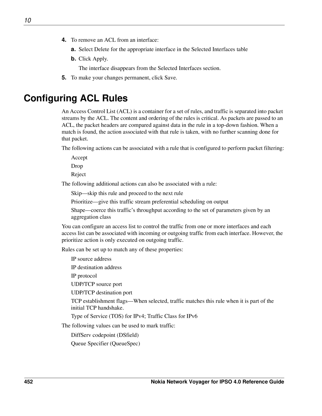 Nokia IPSO 4.0 manual Configuring ACL Rules, 452 