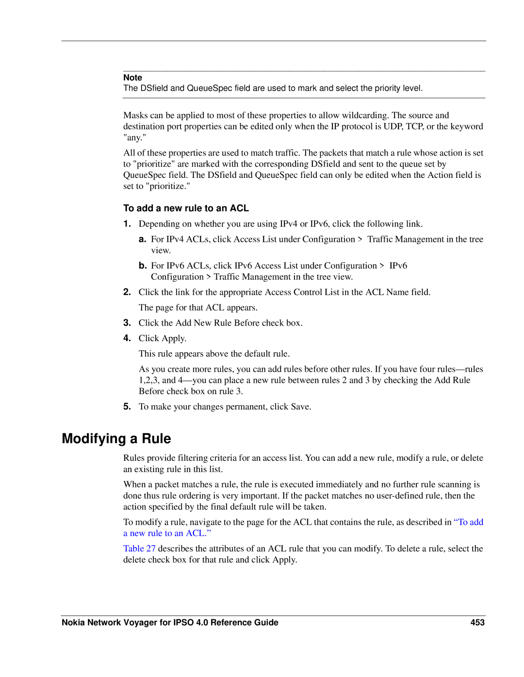 Nokia IPSO 4.0 manual Modifying a Rule, To add a new rule to an ACL, Nokia Network Voyager for Ipso 4.0 Reference Guide 453 