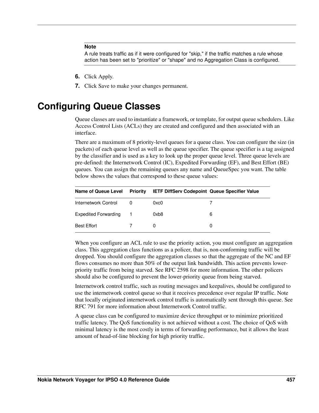 Nokia IPSO 4.0 manual Configuring Queue Classes, Nokia Network Voyager for Ipso 4.0 Reference Guide 457 