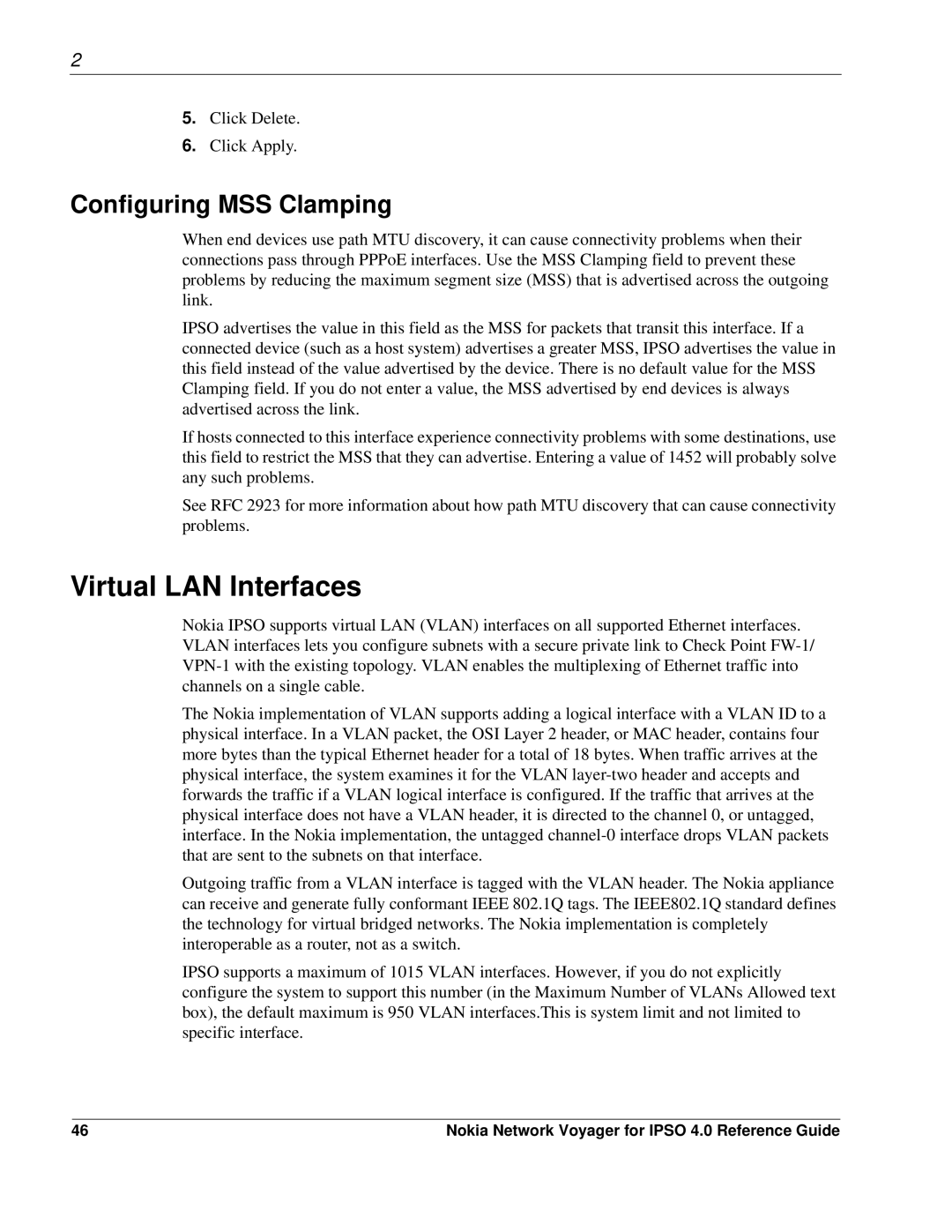 Nokia IPSO 4.0 manual Virtual LAN Interfaces, Configuring MSS Clamping 