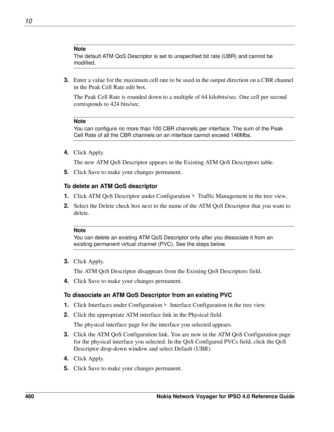 Nokia IPSO 4.0 manual To delete an ATM QoS descriptor, To dissociate an ATM QoS Descriptor from an existing PVC, 460 