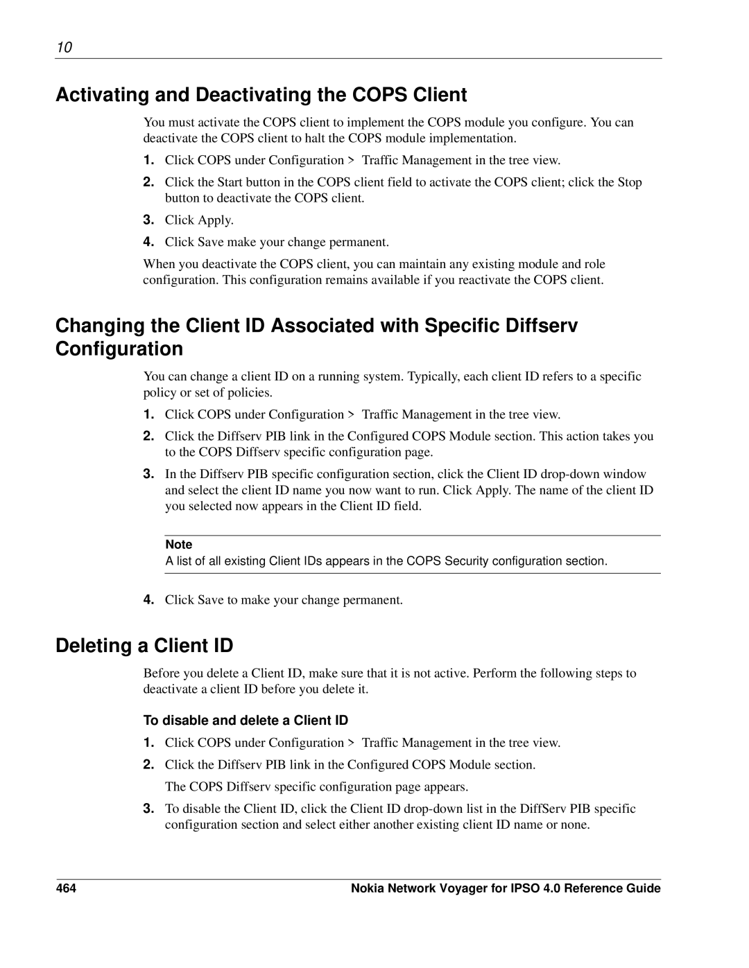 Nokia IPSO 4.0 Activating and Deactivating the Cops Client, Deleting a Client ID, To disable and delete a Client ID, 464 