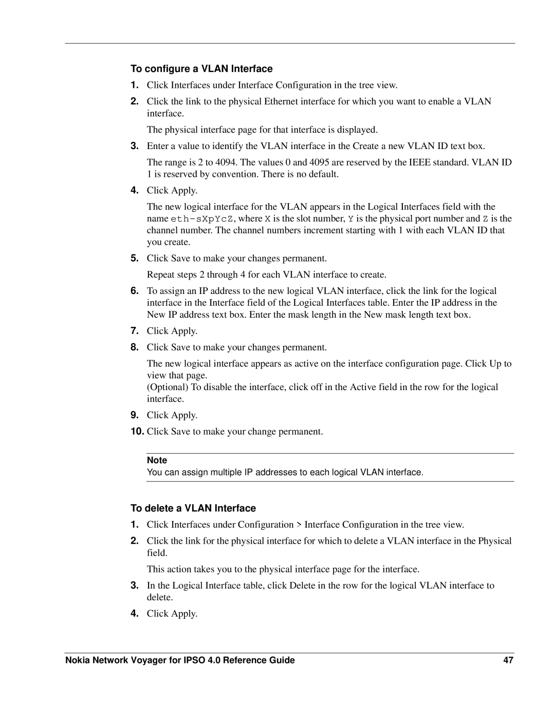 Nokia IPSO 4.0 manual To configure a Vlan Interface, To delete a Vlan Interface 