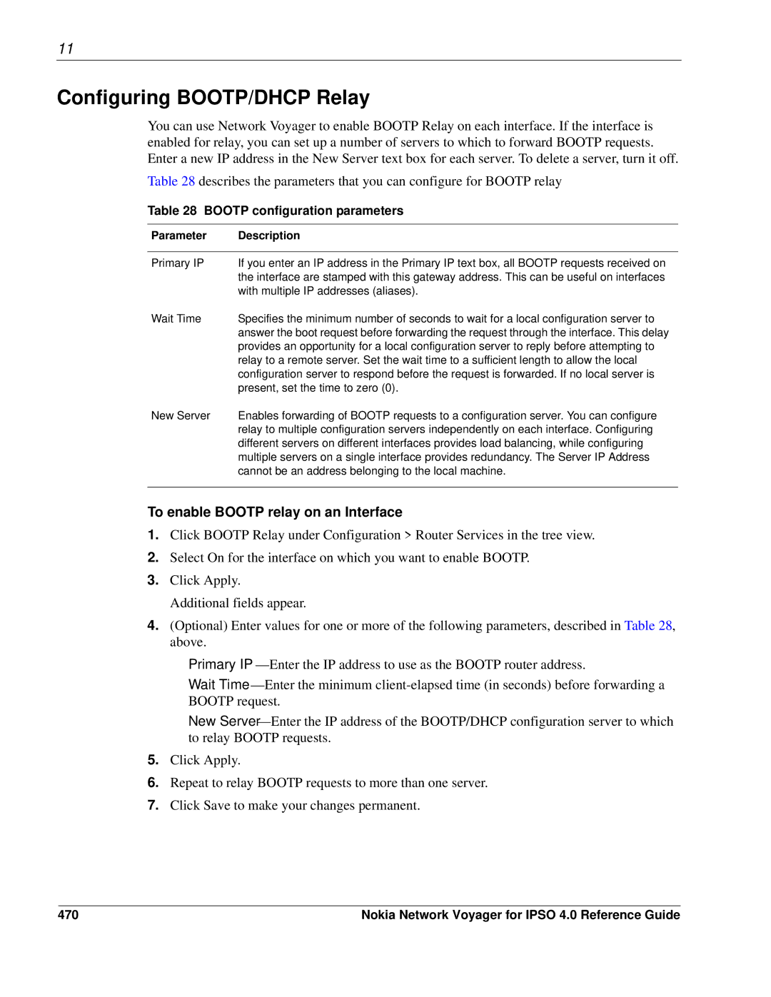 Nokia IPSO 4.0 Configuring BOOTP/DHCP Relay, To enable Bootp relay on an Interface, Bootp configuration parameters, 470 