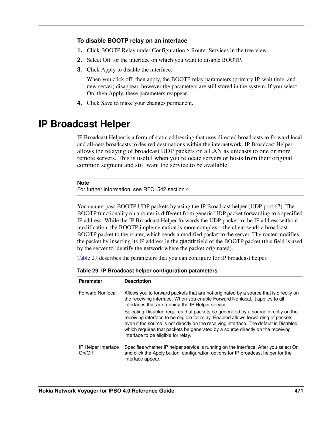 Nokia IPSO 4.0 IP Broadcast Helper, To disable Bootp relay on an interface, IP Broadcast helper configuration parameters 