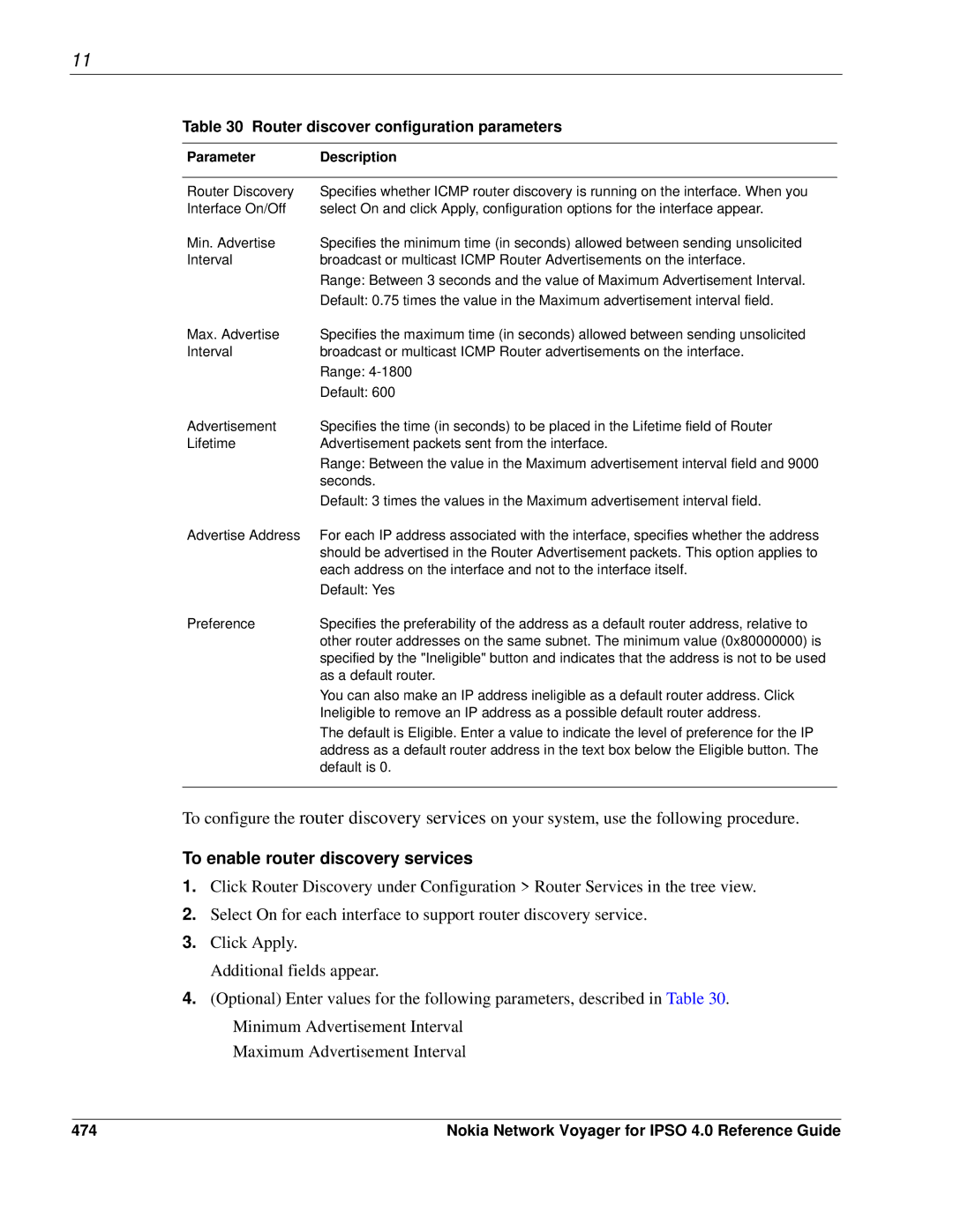 Nokia IPSO 4.0 manual To enable router discovery services, Router discover configuration parameters, 474 