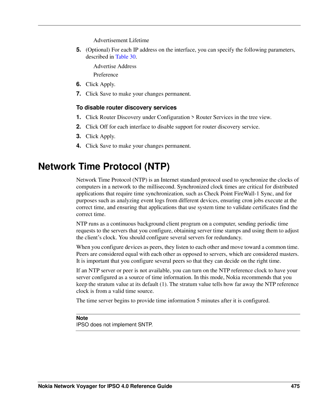 Nokia IPSO 4.0 manual Network Time Protocol NTP, To disable router discovery services 