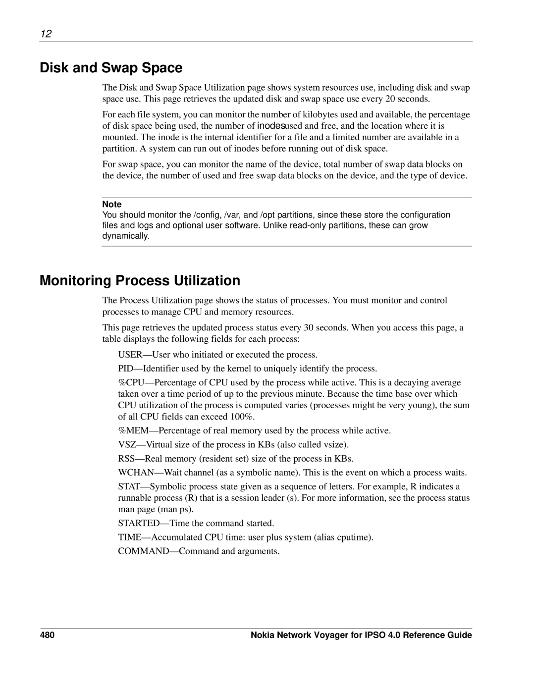 Nokia IPSO 4.0 manual Disk and Swap Space, Monitoring Process Utilization, 480 