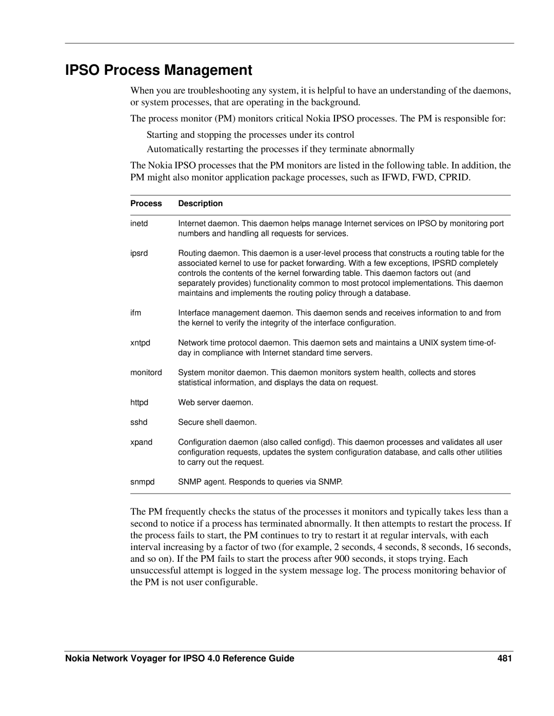 Nokia IPSO 4.0 manual Ipso Process Management, Nokia Network Voyager for Ipso 4.0 Reference Guide 481, Process Description 