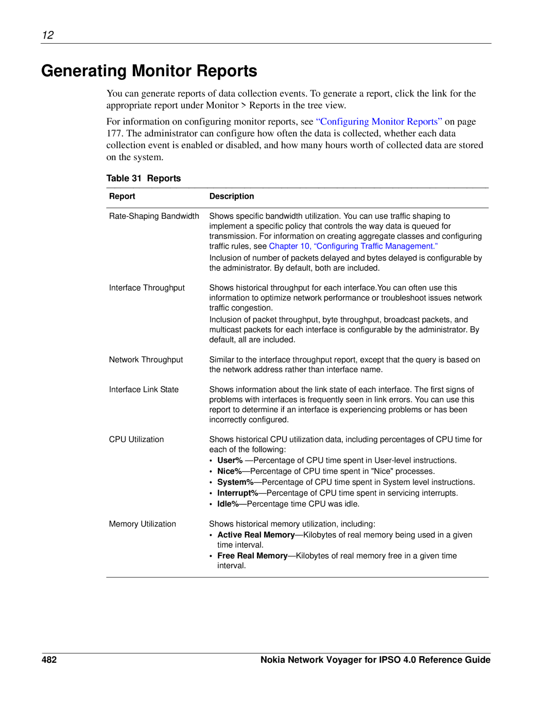 Nokia IPSO 4.0 manual Generating Monitor Reports, 482, Report Description 