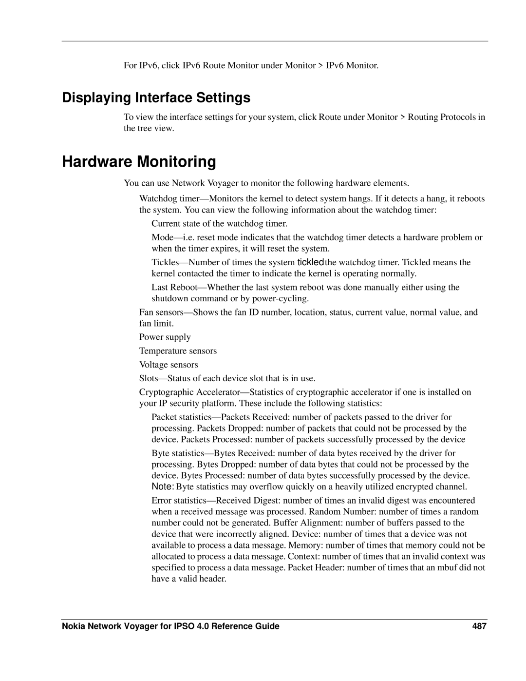 Nokia IPSO 4.0 Hardware Monitoring, Displaying Interface Settings, Nokia Network Voyager for Ipso 4.0 Reference Guide 487 