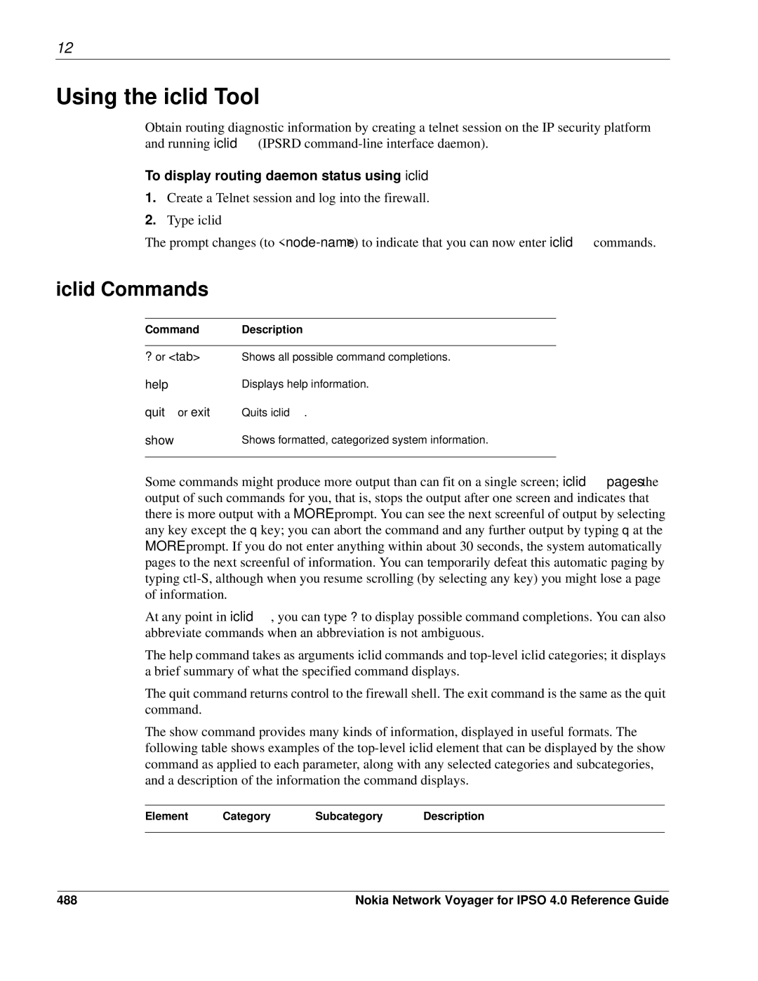 Nokia IPSO 4.0 manual Using the iclid Tool, Iclid Commands, To display routing daemon status using iclid, 488 