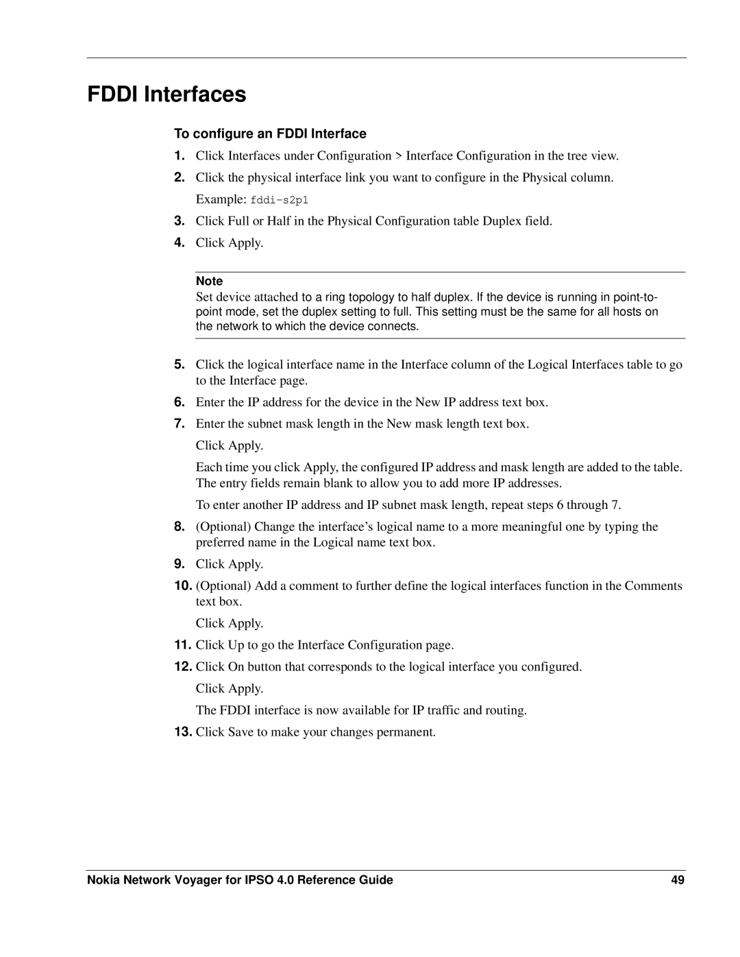 Nokia IPSO 4.0 manual Fddi Interfaces, To configure an Fddi Interface 