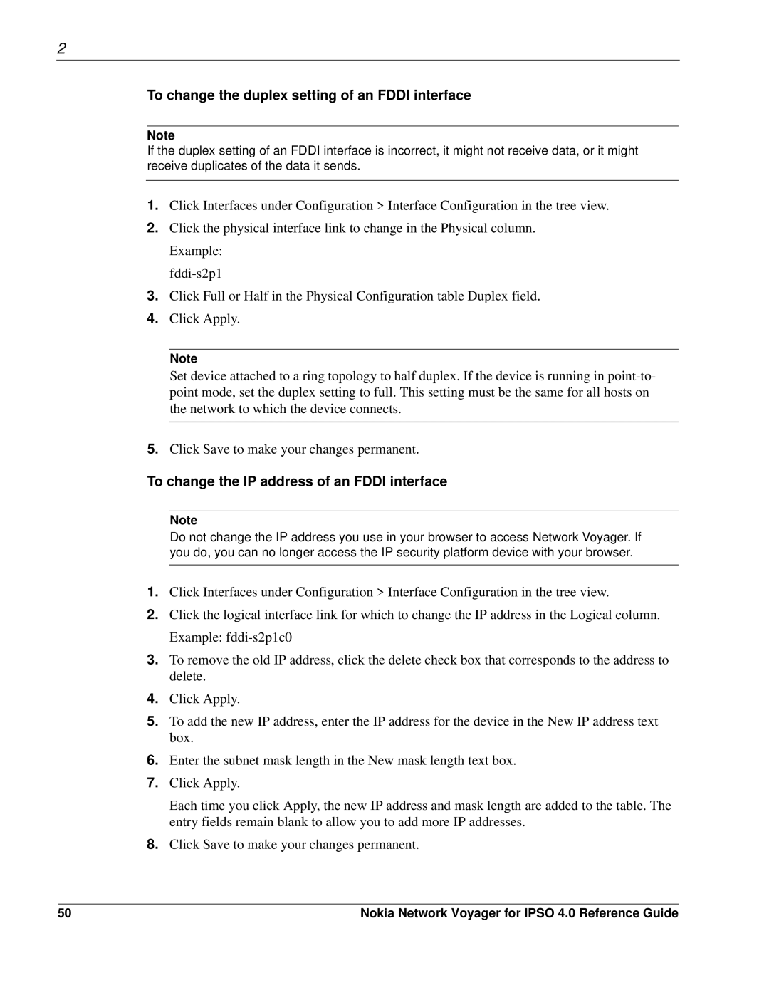 Nokia IPSO 4.0 manual To change the duplex setting of an Fddi interface, To change the IP address of an Fddi interface 