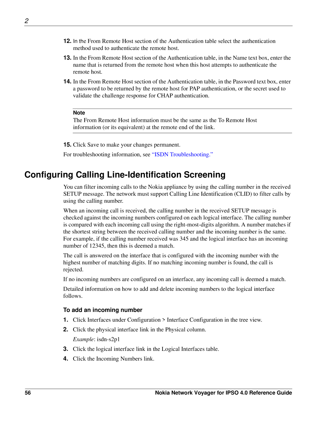 Nokia IPSO 4.0 manual Configuring Calling Line-Identification Screening, To add an incoming number 