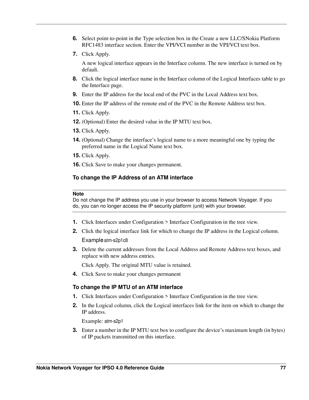 Nokia IPSO 4.0 manual To change the IP Address of an ATM interface, To change the IP MTU of an ATM interface 