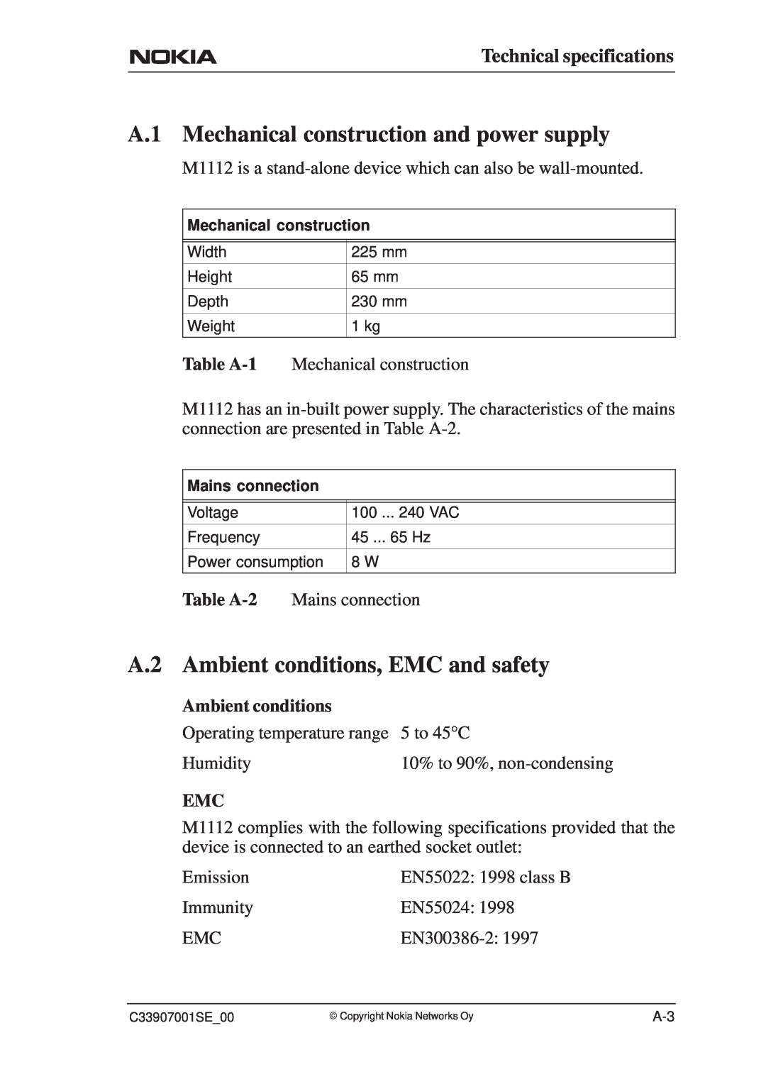 Nokia M1112 A.1 Mechanical construction and power supply, A.2 Ambient conditions, EMC and safety, Technical specifications 