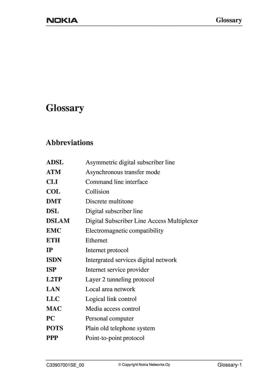 Nokia M1112 manual Glossary, Abbreviations 