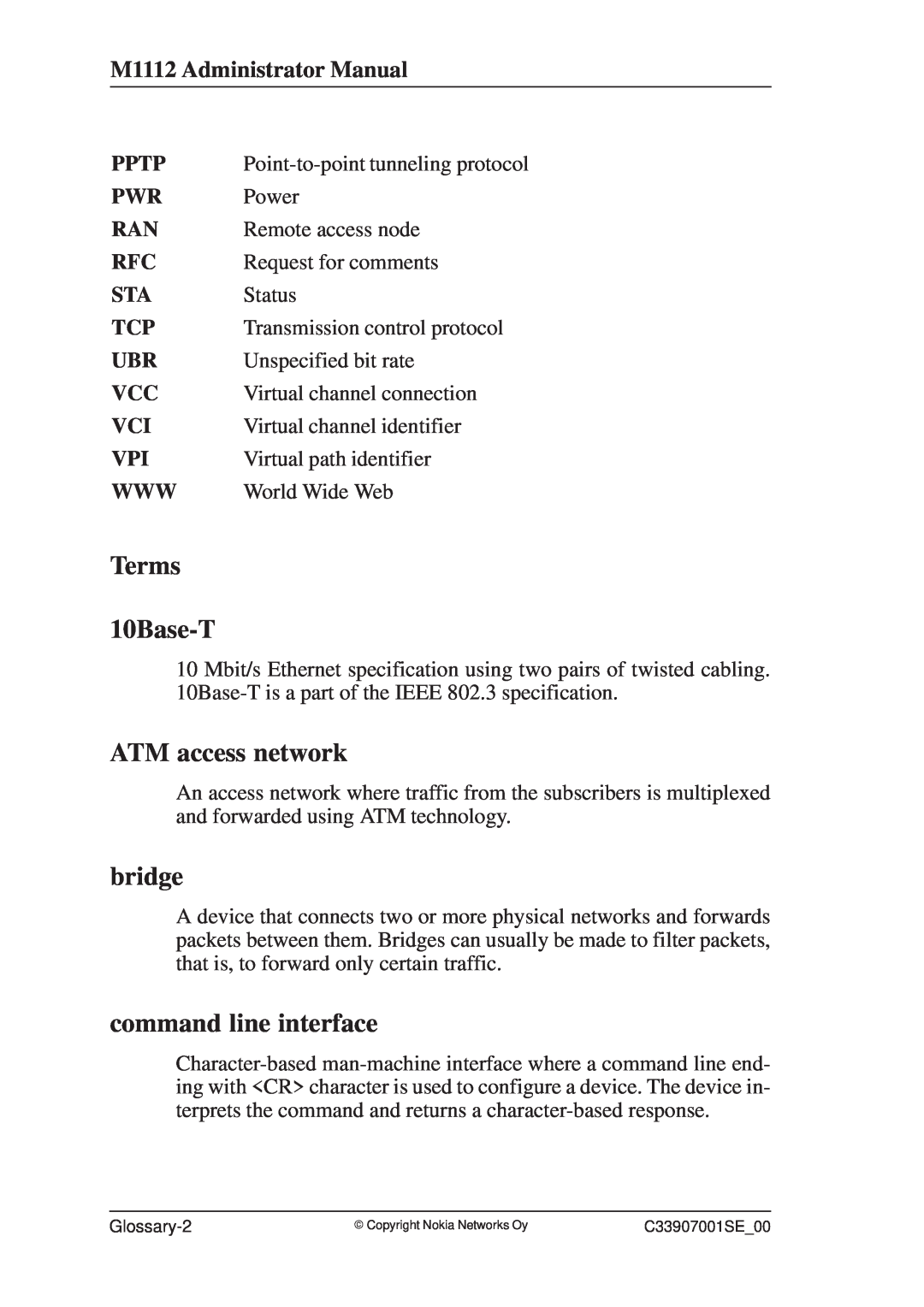 Nokia manual Terms 10Base-T, ATM access network, bridge, command line interface, M1112 Administrator Manual 