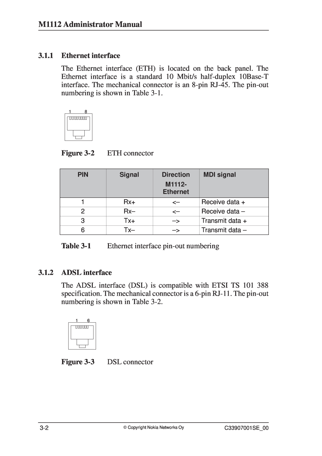 Nokia manual M1112 Administrator Manual, Ethernet interface, ADSL interface 