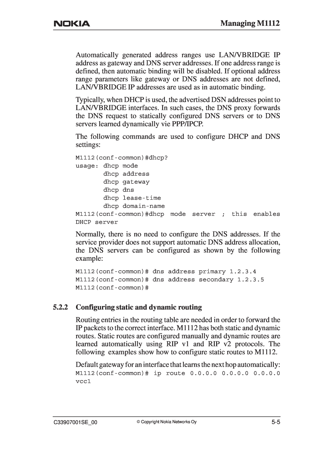Nokia manual Managing M1112, Configuring static and dynamic routing 