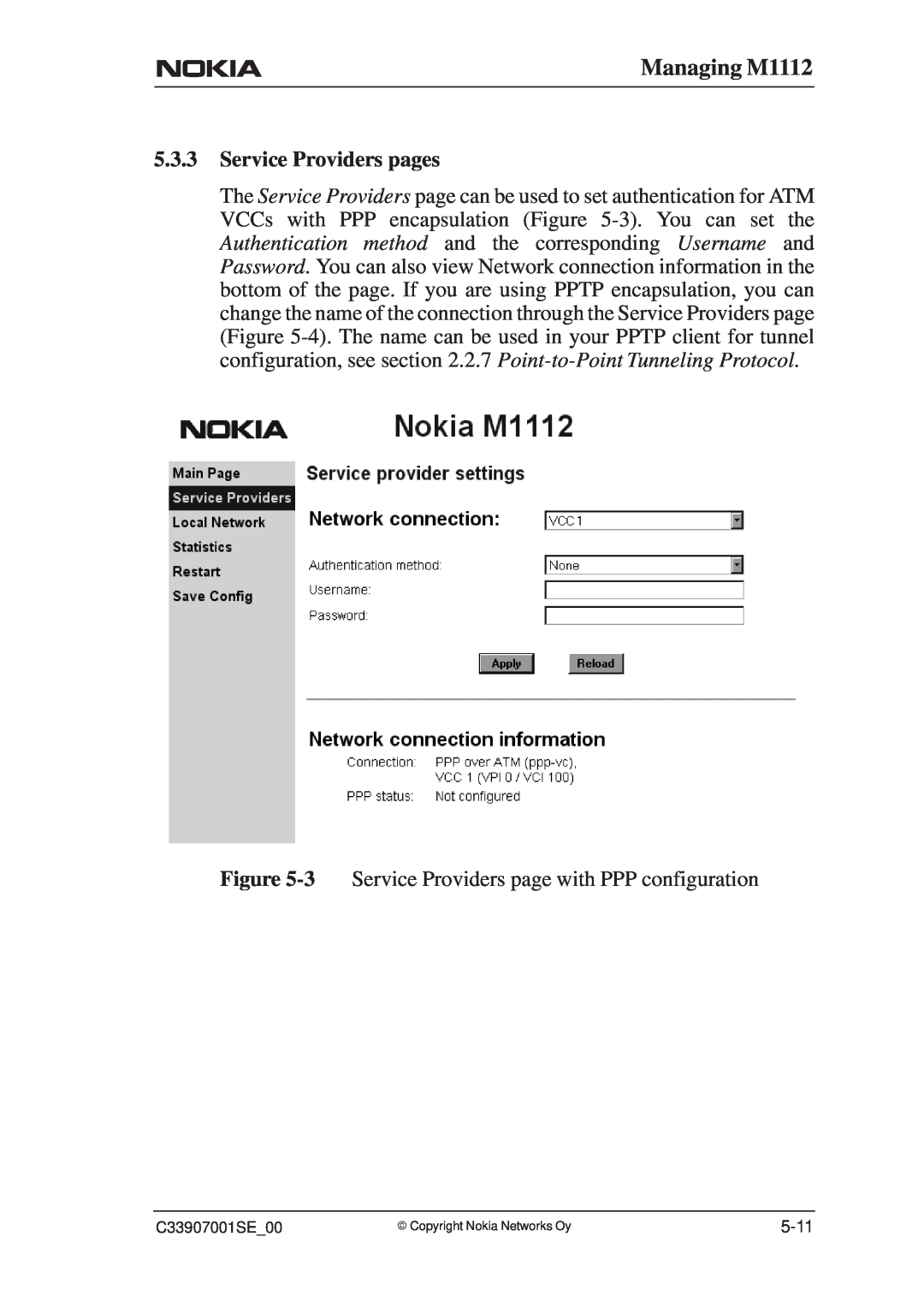 Nokia manual Managing M1112, Service Providers pages, 3 Service Providers page with PPP configuration 