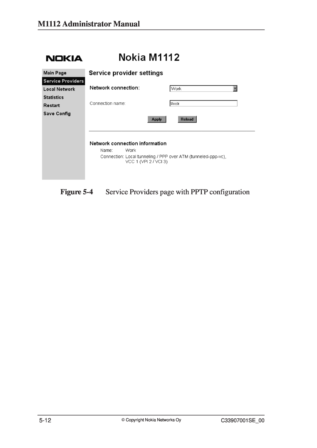 Nokia M1112 Administrator Manual, 4 Service Providers page with PPTP configuration, 5-12, E Copyright Nokia Networks Oy 