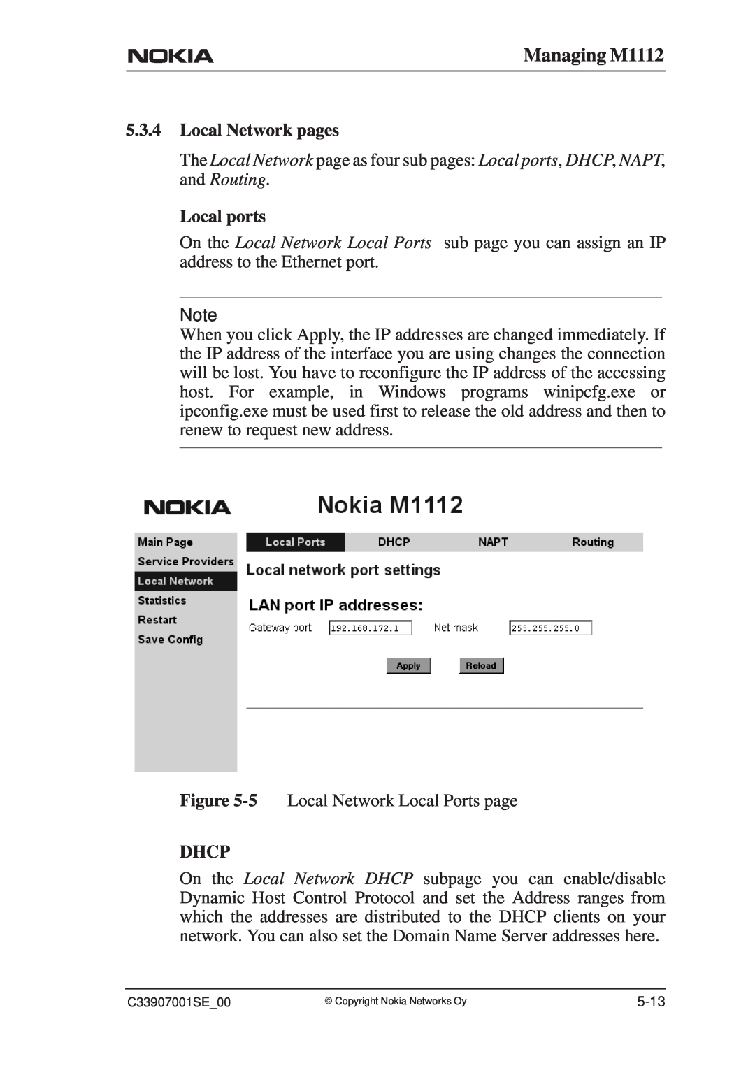 Nokia manual Managing M1112, Local Network pages, Local ports, Dhcp 