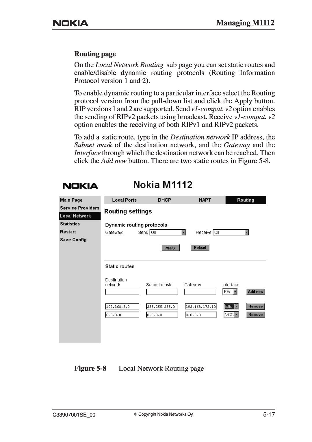 Nokia manual Managing M1112, 8 Local Network Routing page 