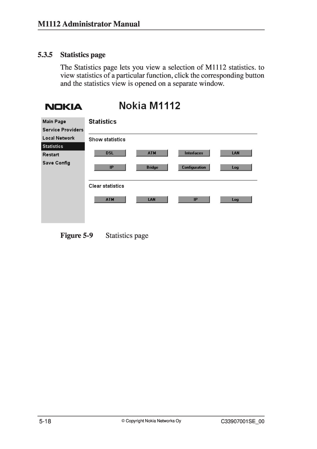 Nokia manual M1112 Administrator Manual, Statistics page, 5-18, E Copyright Nokia Networks Oy 