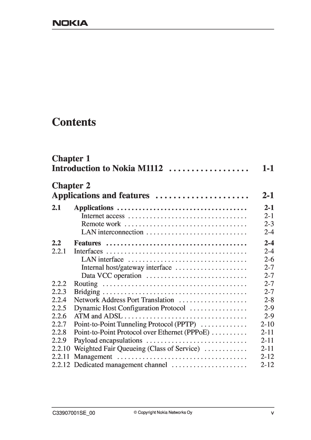 Nokia manual Contents, Chapter, Introduction to Nokia M1112, Applications and features 