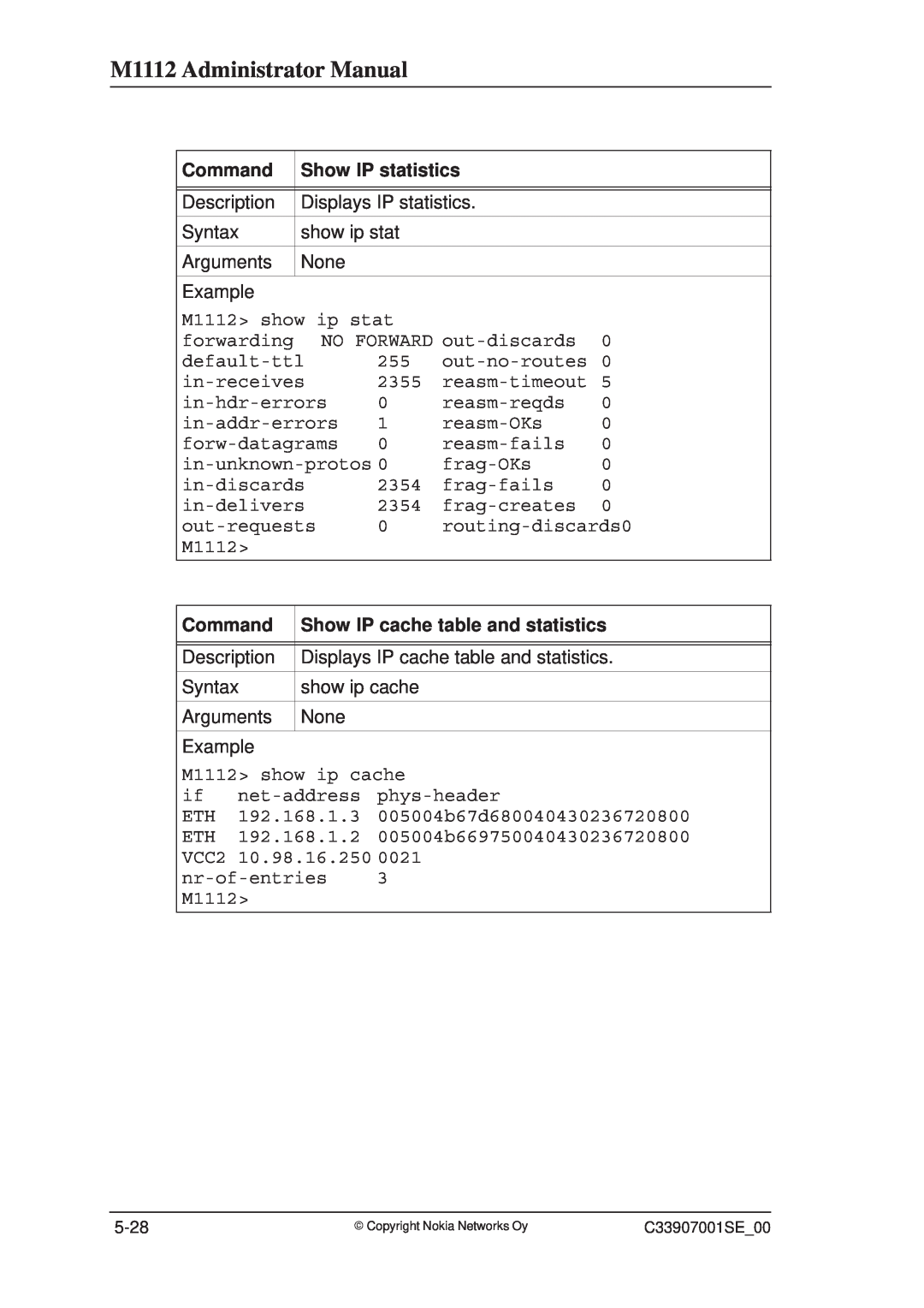 Nokia manual M1112 Administrator Manual, Command, Show IP statistics, Show IP cache table and statistics 