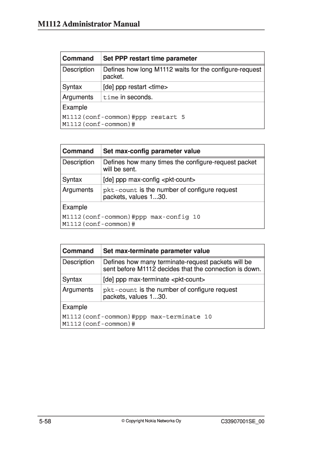 Nokia manual M1112 Administrator Manual, Command, Set PPP restart time parameter, Set max-config parameter value 