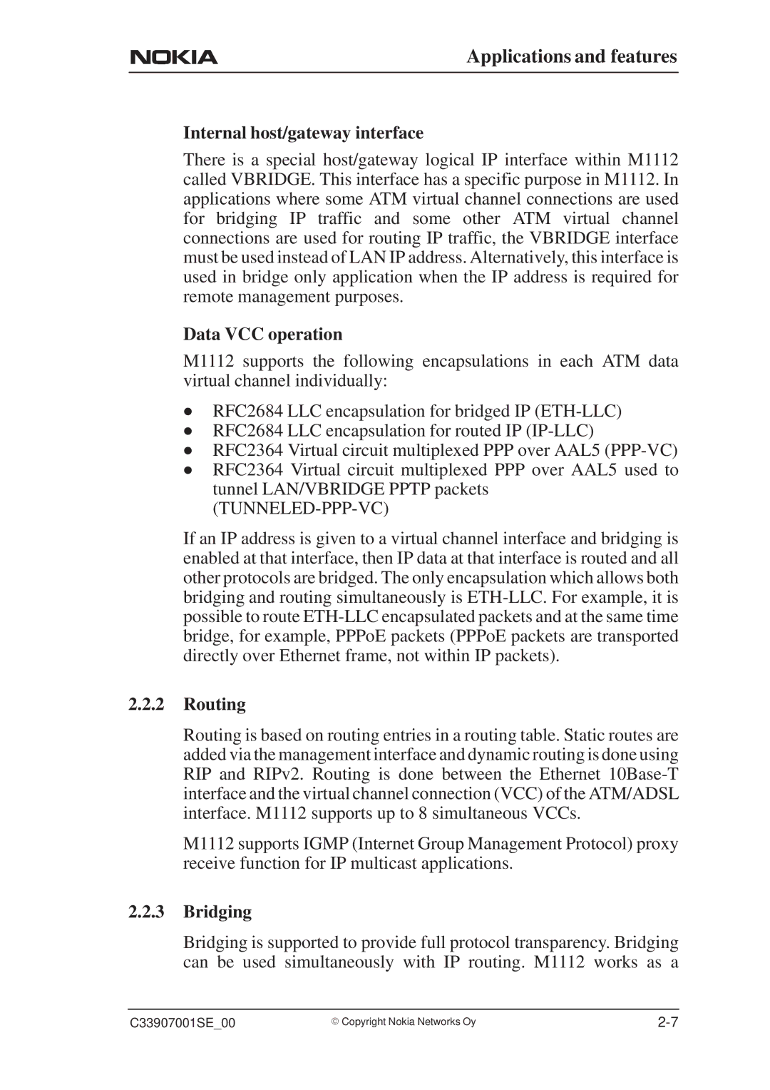 Nokia M1112 manual Internal host/gateway interface, Data VCC operation, Routing, Bridging 