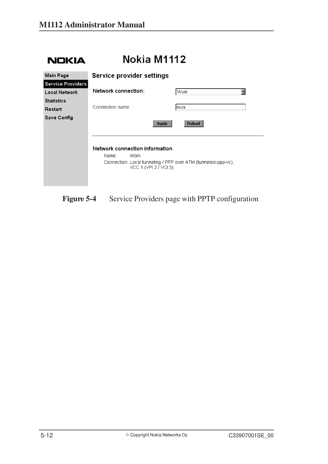 Nokia M1112 manual 4Service Providers page with Pptp configuration 