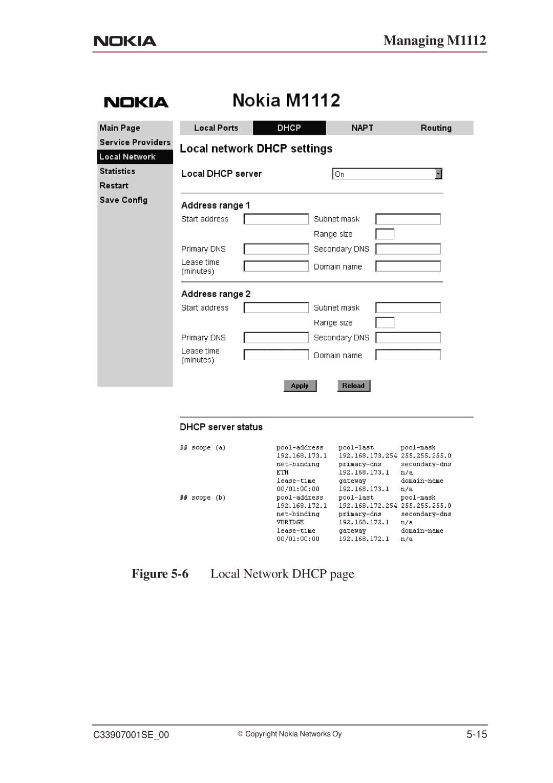 Nokia M1112 manual 6Local Network Dhcp 