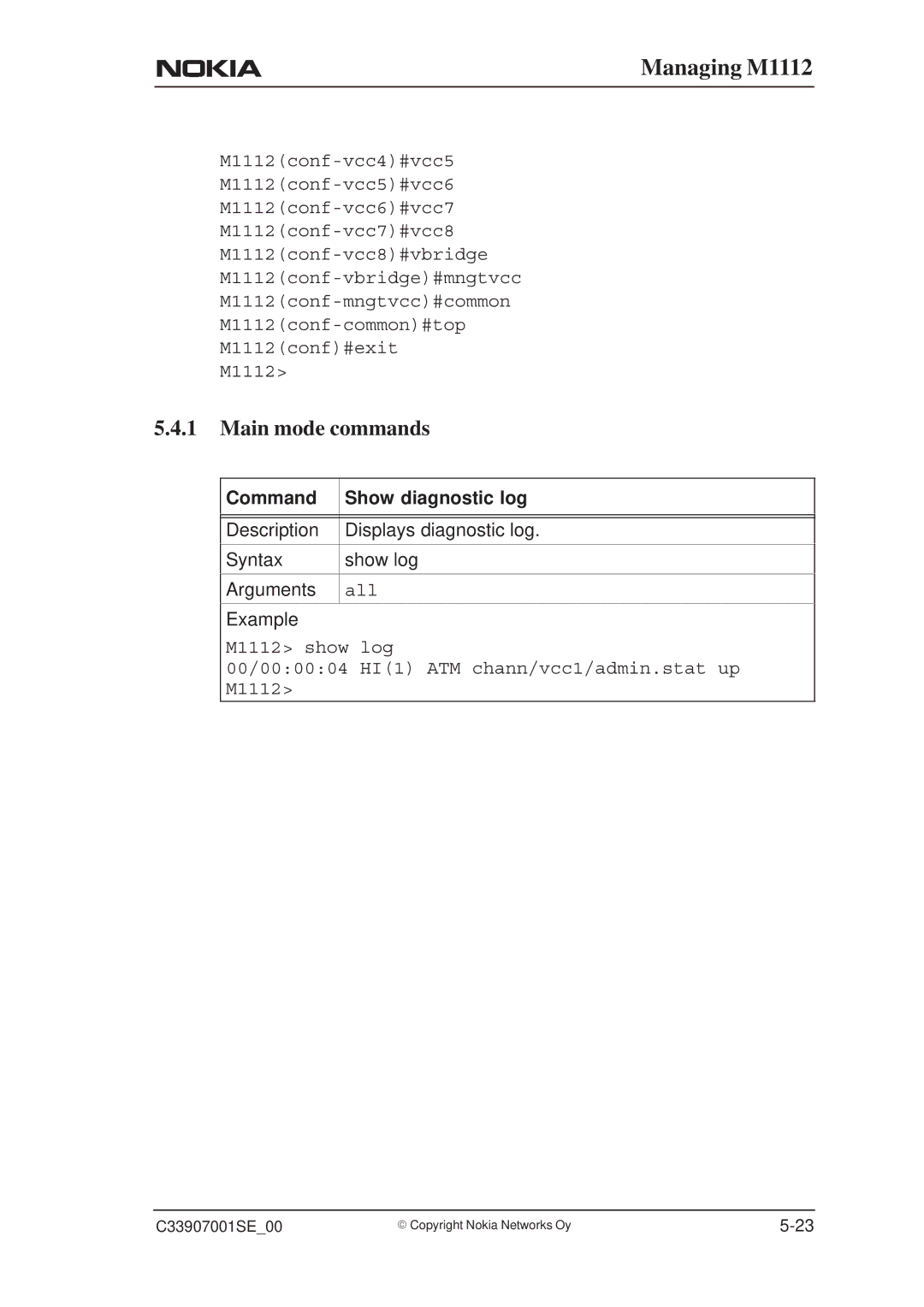 Nokia M1112 manual Main mode commands, Command Show diagnostic log 