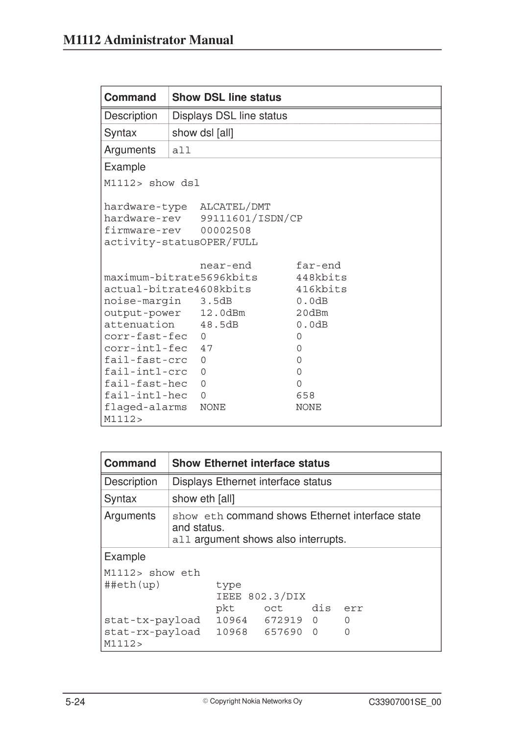 Nokia M1112 manual Command Show DSL line status, Command Show Ethernet interface status 