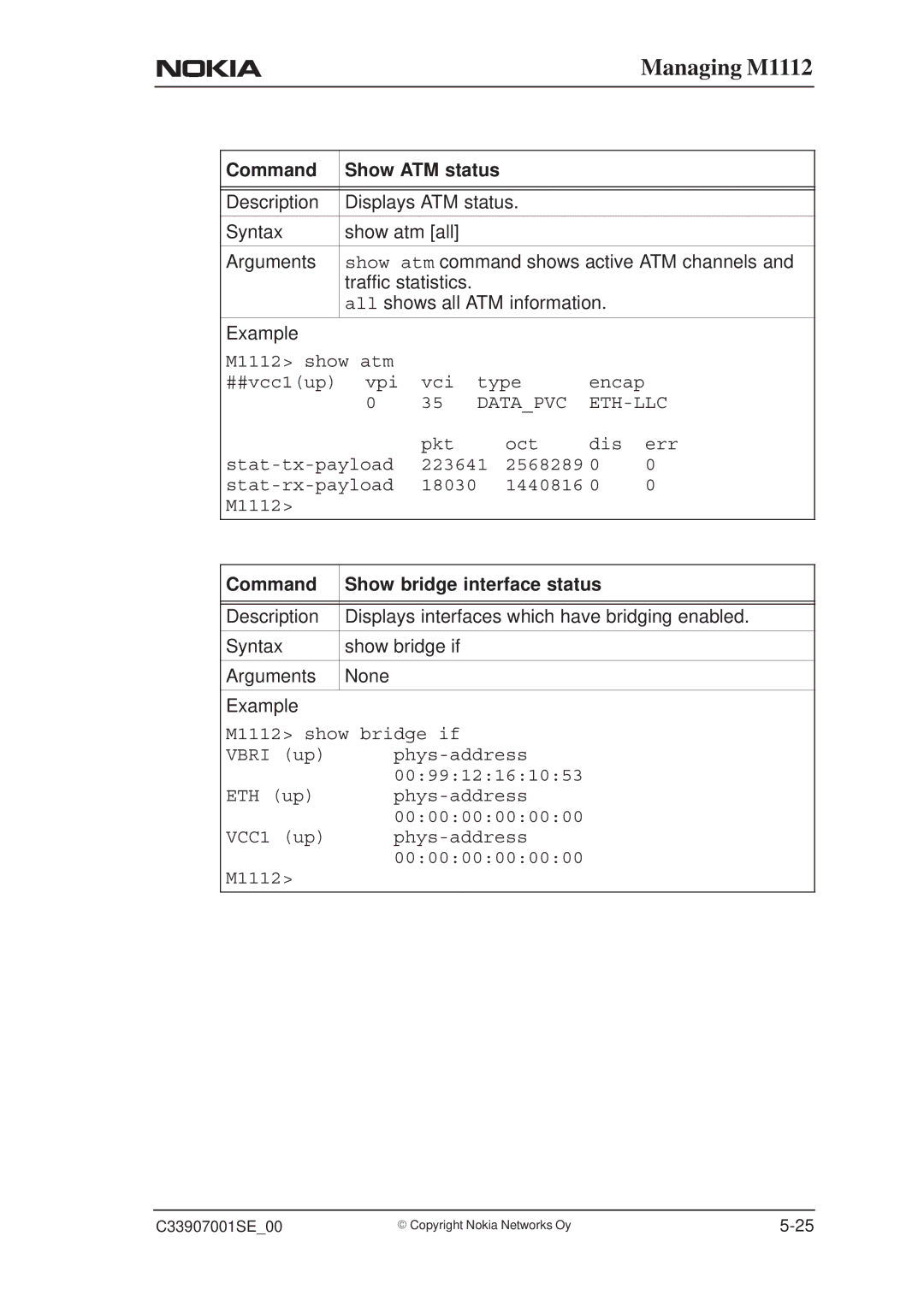 Nokia manual Managing M1112, Command Show ATM status, Command Show bridge interface status 